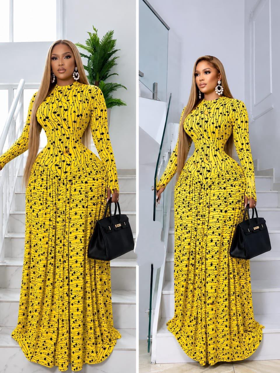 Luxe Chic Dress - Yellow Patterned Maxi